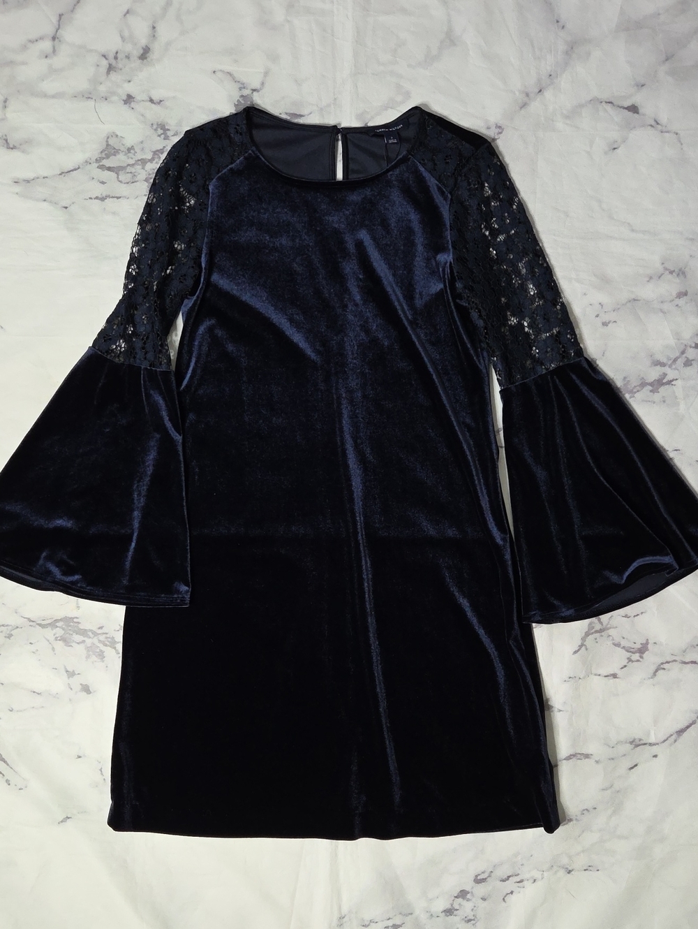 Tommy Hilfiger Navy Velvet Dress With Lace Detail And Bell Sleeves